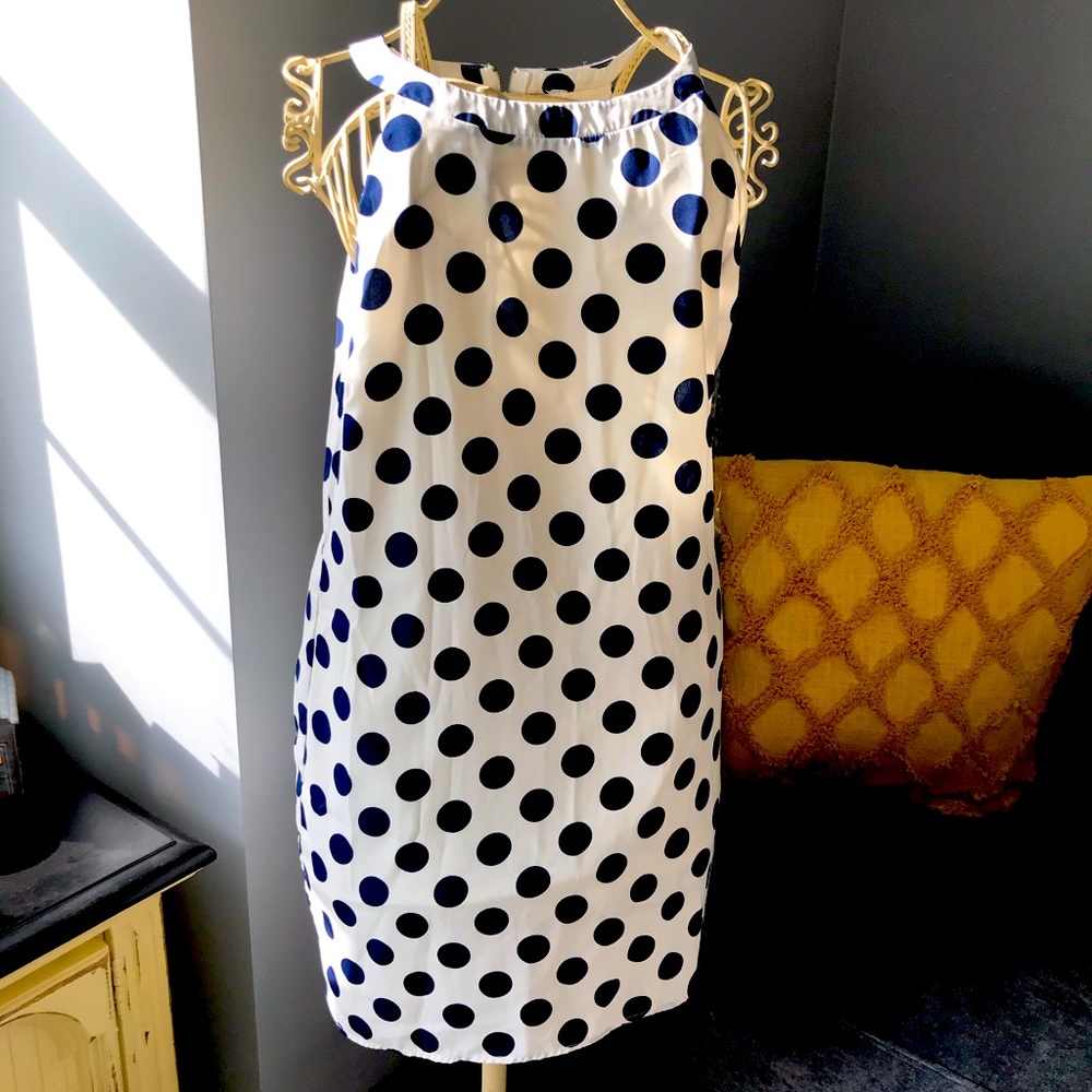 A white and blue polka dot dress
